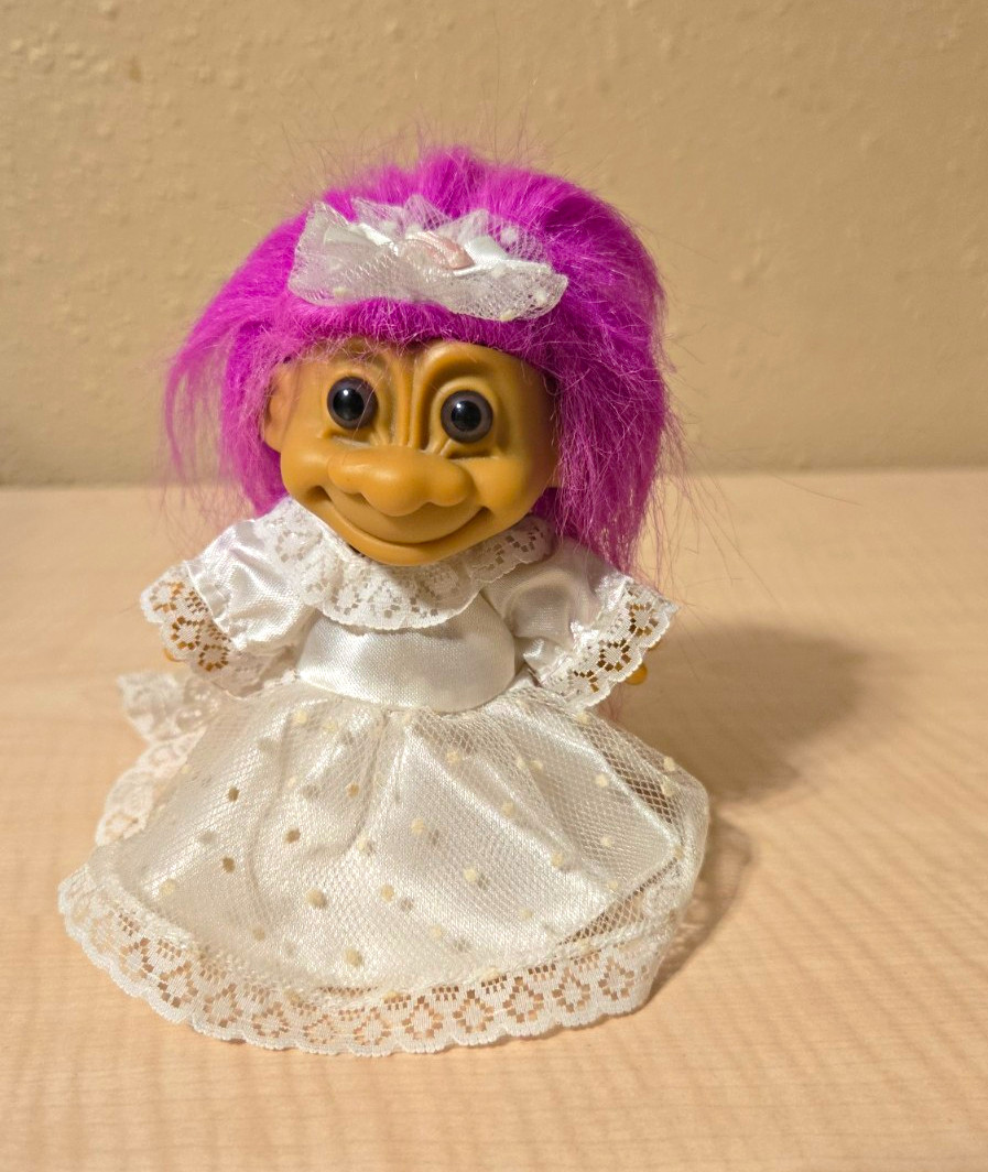 Vintage Russ Troll Doll 5 in Pink Straight Hair Brown Eyes White Lace Dress Vintage Russ Troll Doll 5 in Pink Straight Hair Brown Eyes White Lace Dress