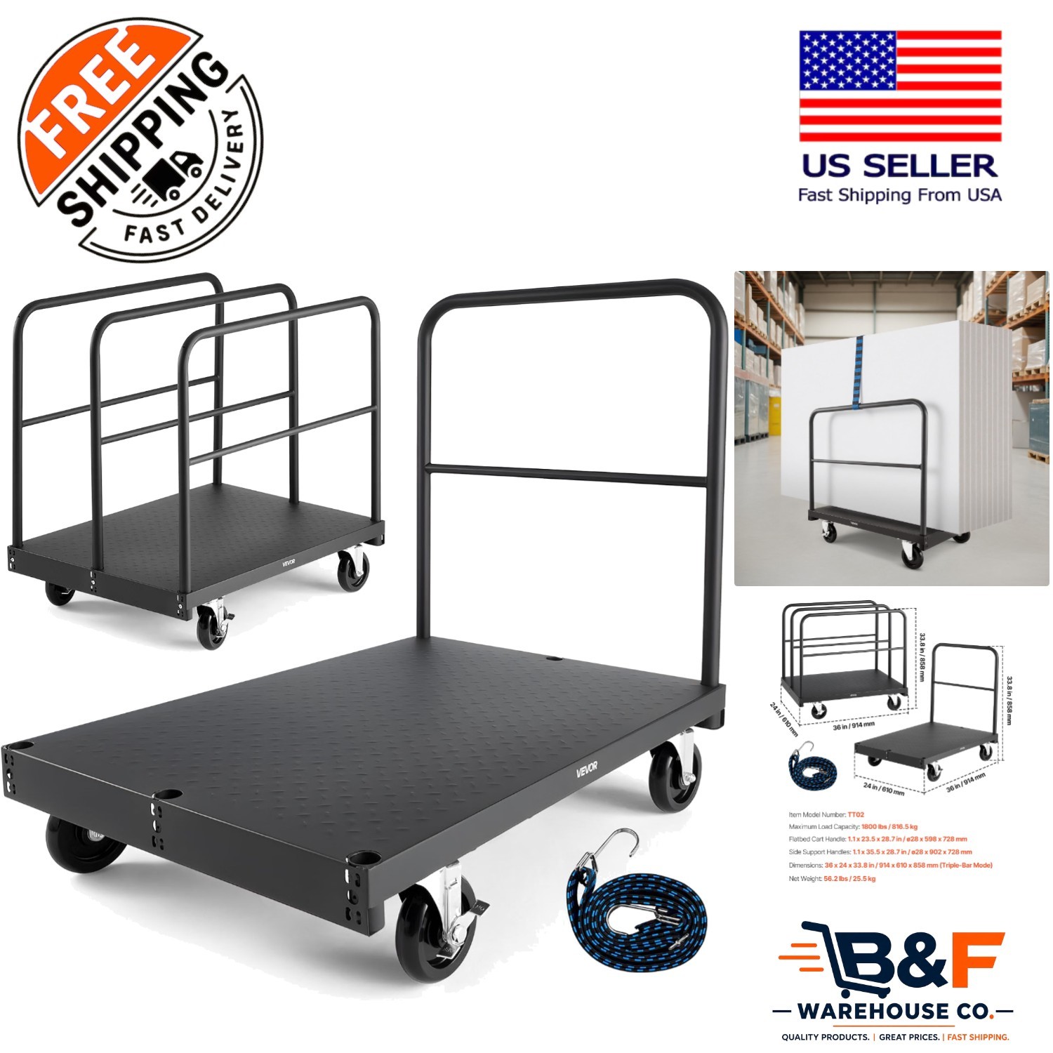 Effortless 2-in-1 Drywall Dolly with 4 Side Handrails, 1800 lbs Load Capacity