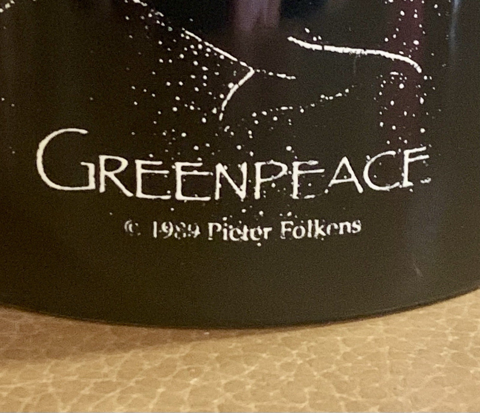 Greenpeace 1989 Black Dolphin Printed Coffee Mug w/ Handle, Vintage Greenpeace 1989 Black Dolphin Printed Coffee Mug w/ Handle, Vintage