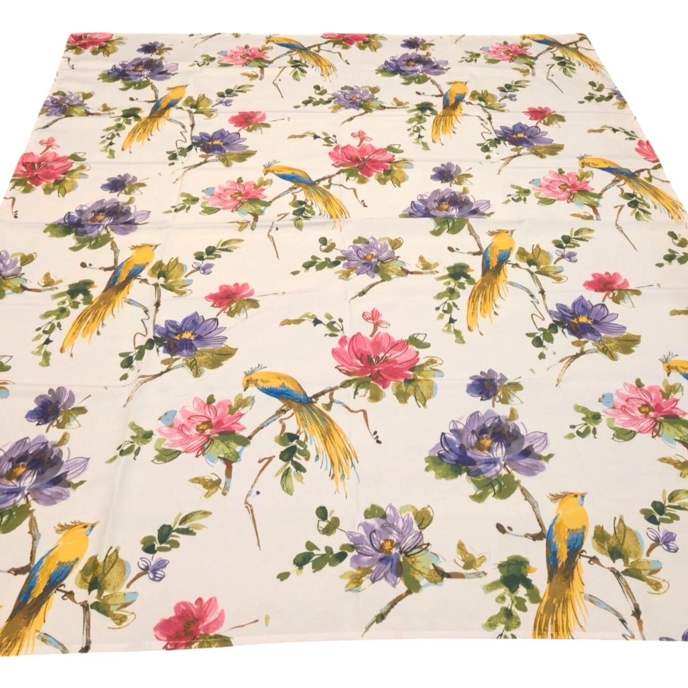 NOS Vintage Bird Floral Tablecloth Spring English Garden Table Linen 52x70 birds