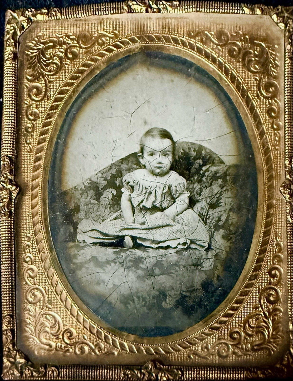 Cute Antique 6th Plate Tintype Photograph Portrait of Baby in Ornate Brass Matte Cute Antique 6th Plate Tintype Photograph Portrait of Baby in Ornate Brass Matte