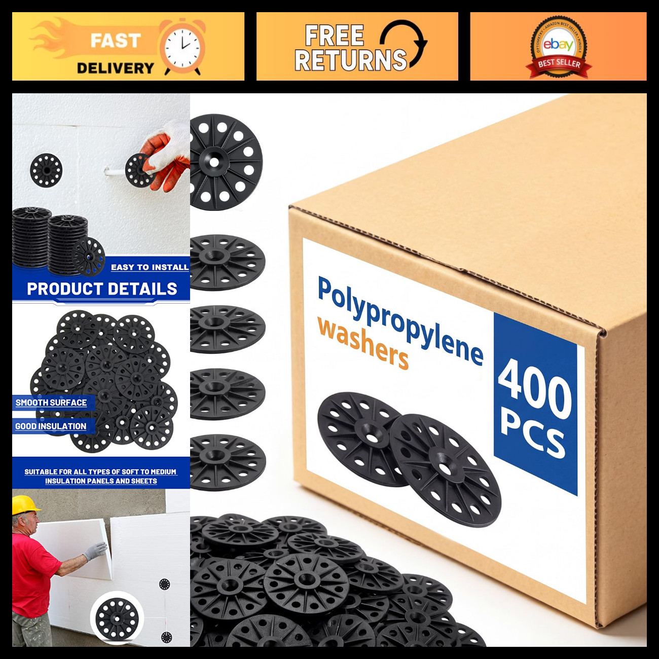 400 Pcs Polypropylene Washers 60mm - Durable Fasteners for Home & DIY Projects