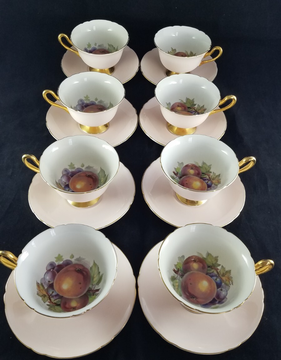 Extremely Rare Set Of  8 Shelley China Cups and Saucers Pink With Fruit In Cup