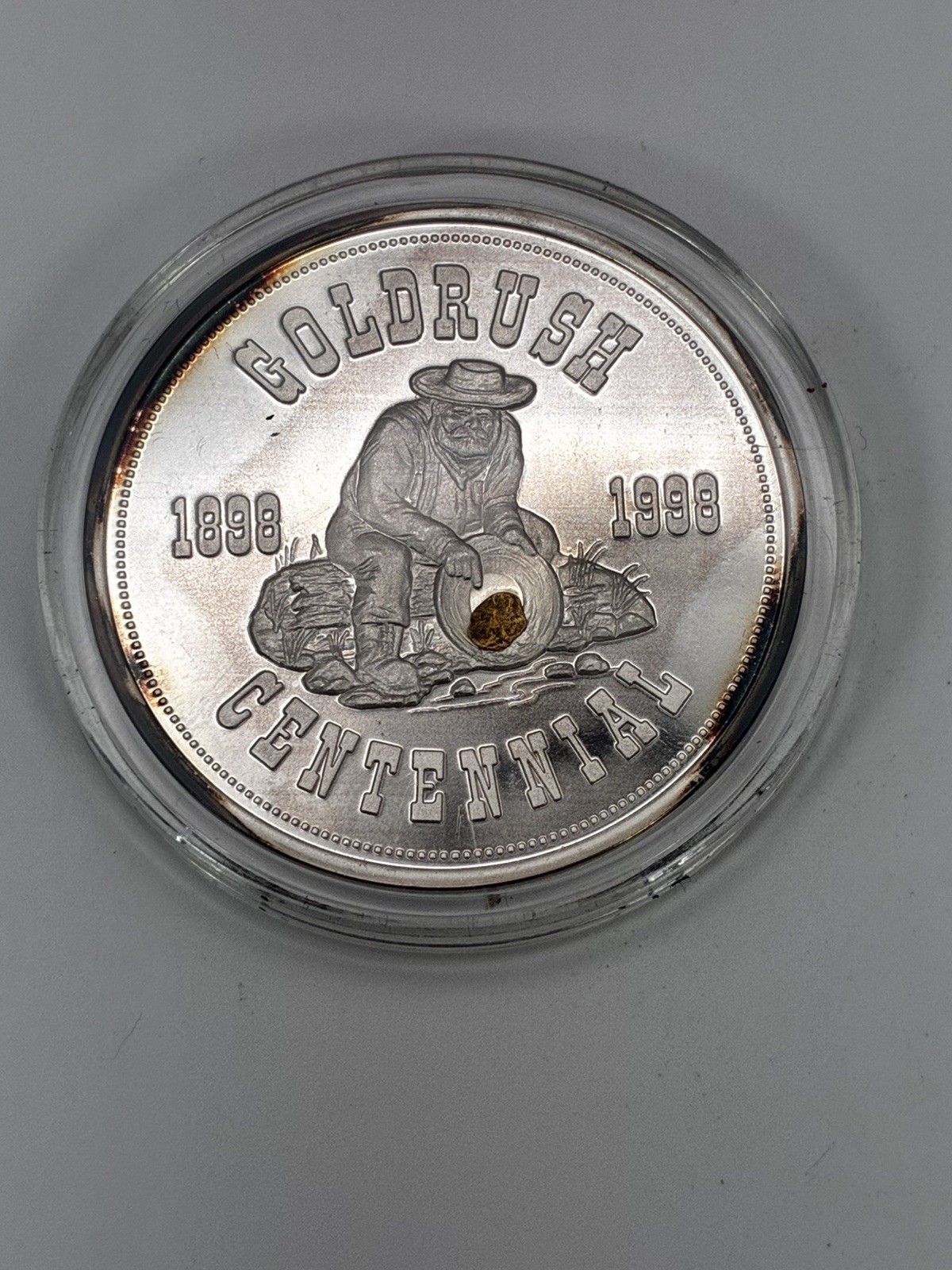 1998 Alaska Mint Official Gold Rush Centennial Silver Medal w/ Gold Nugget 1998 Alaska Mint Official Gold Rush Centennial Silver Medal w/ Gold Nugget