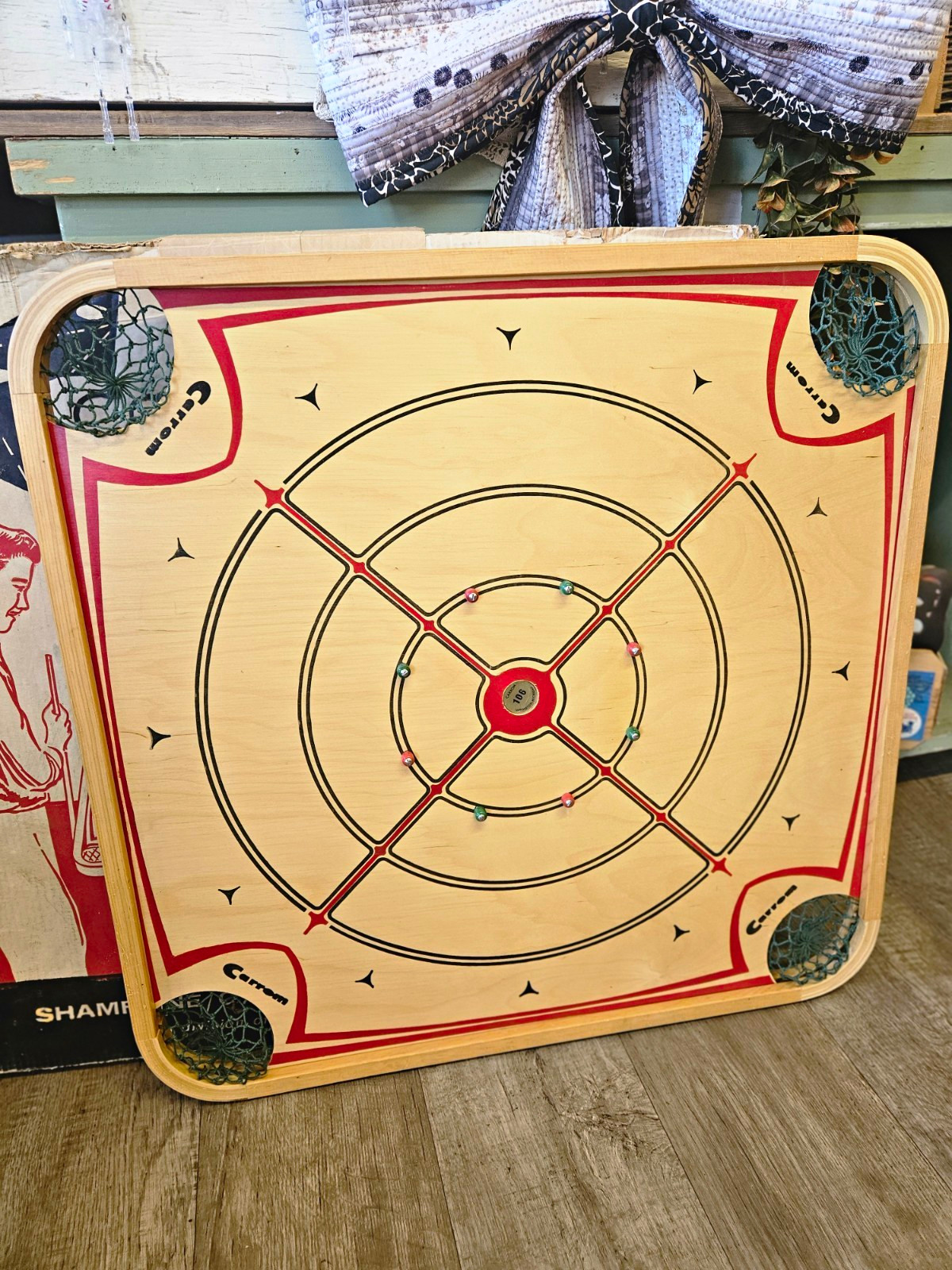 Vintage Wood Carrom Game Board Set MPN 106 w/ Original Box, Pieces, Dice & Rings