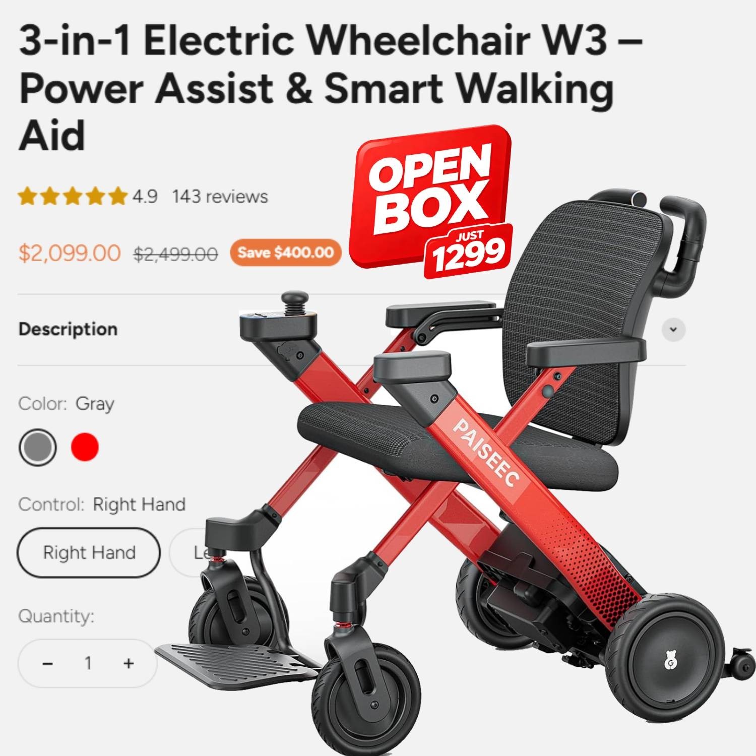 Pro 3IN1 All Terrain Electric Wheelchair Foldable with 20 in Seat- Tested Good