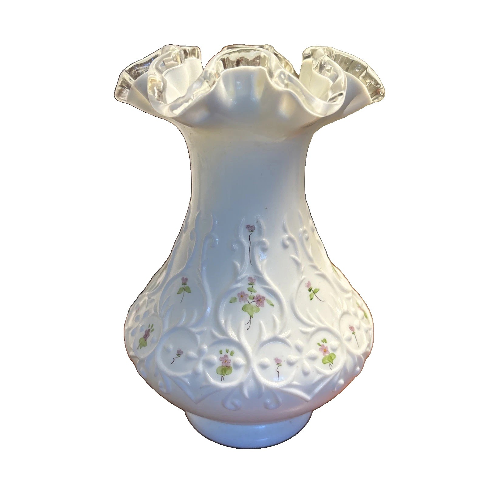 Vtg Fenton Milk Glass Silver Crest Edge Hand Painted \