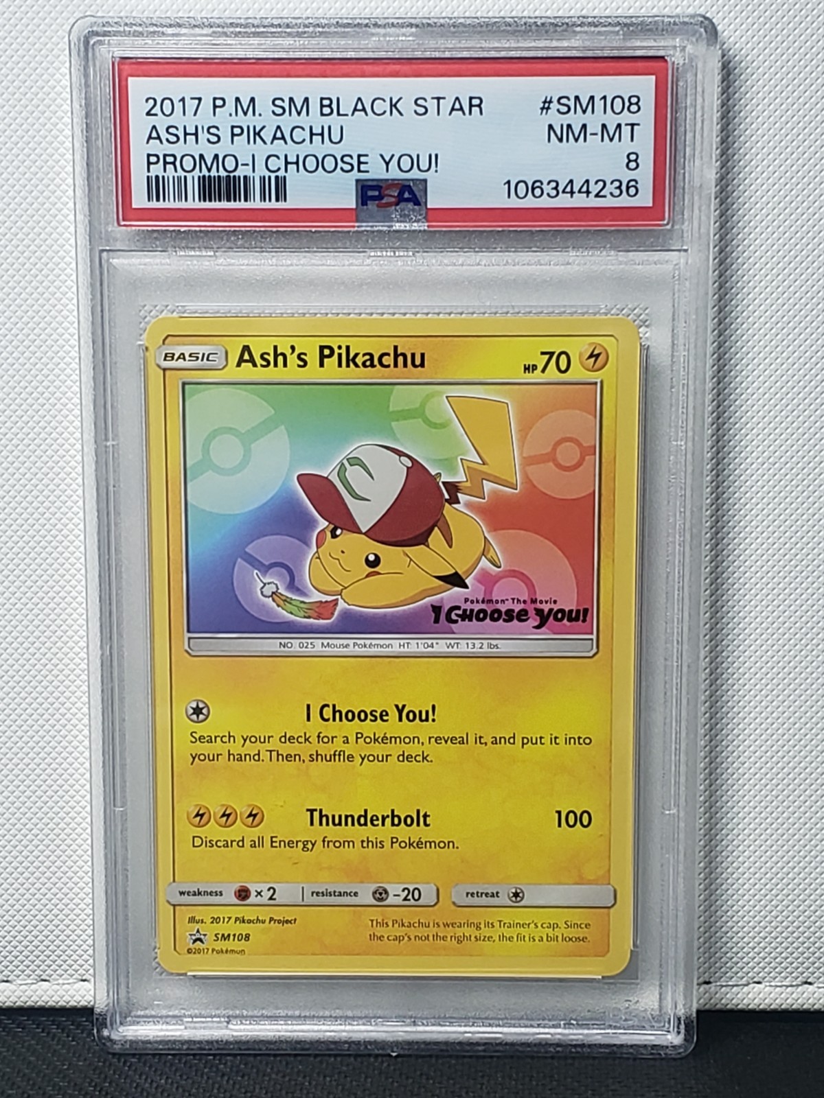 2017 POKEMON ASH\'S PIKACHU PROMO SM108 I CHOOSE YOU PSA 8 NM-MT BLACK STAR PROMO