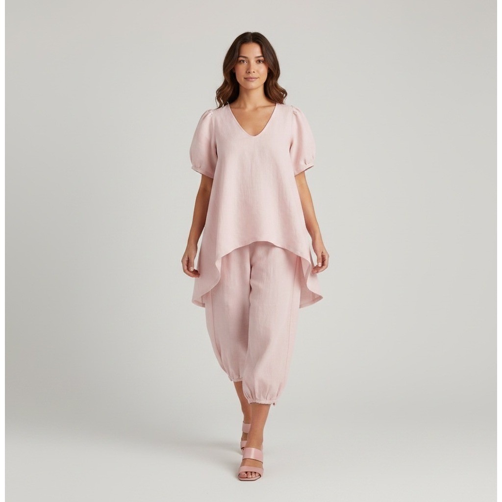 Tina Givens Linen Tunic Oversized Bloomer Set Women\'s L Top M Pants Pink Boho