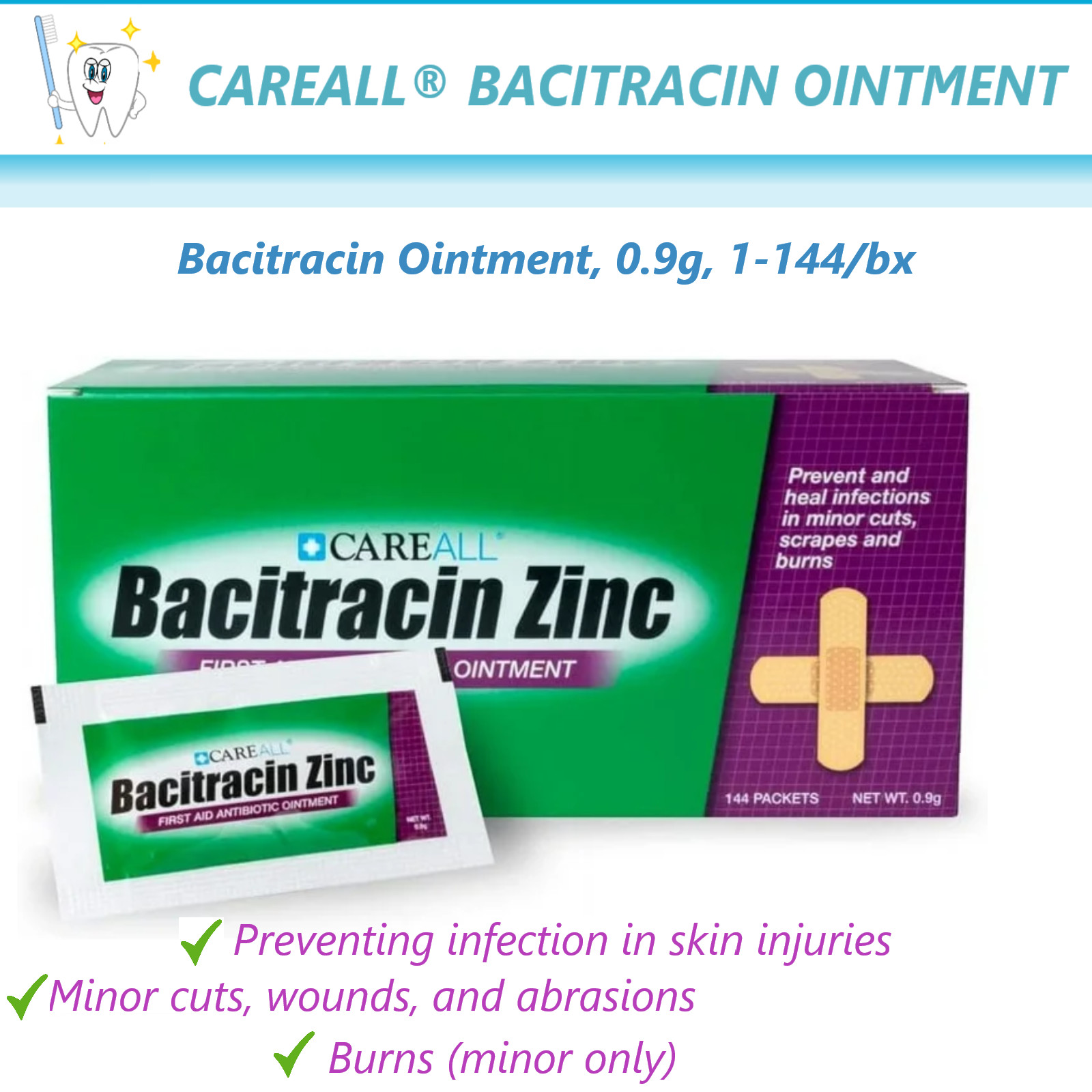 CareALL Bacitracin Zinc Antibiotic Ointment 0.9 g  1-144 Pkts/Bx, Paraben-free