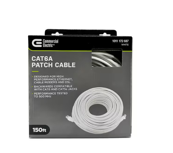 Commercial Electric CE 150 ft. Cat 6A UTP Patch Cable White Commercial Electric CE 150 ft. Cat 6A UTP Patch Cable White