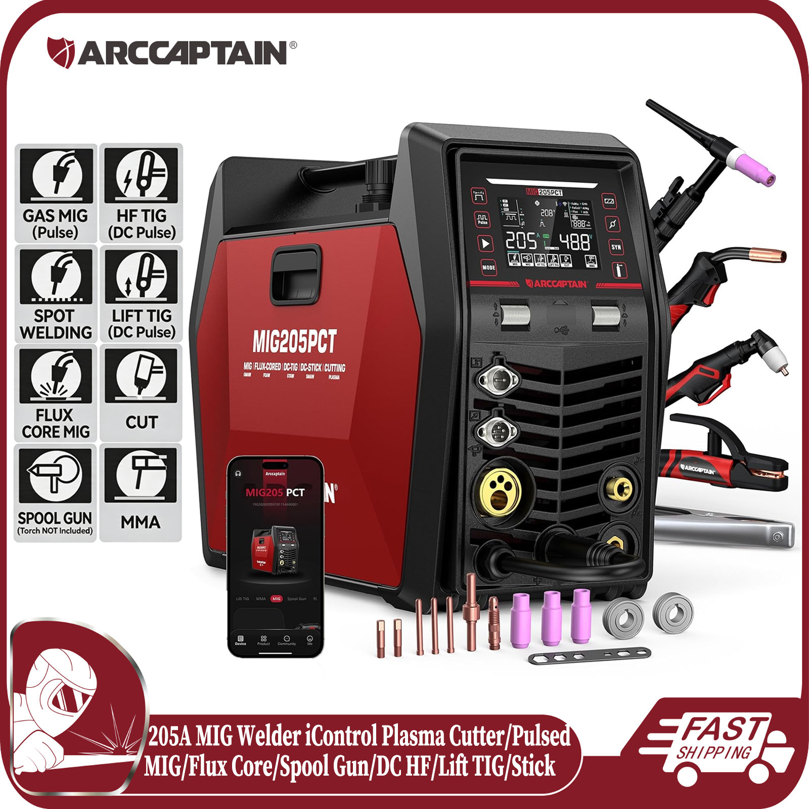 ARCCAPTAIN MIG205 PCT MIG Welder 8 IN 1 iControl Plasma Cutter/Pulsed MIG/TIG US