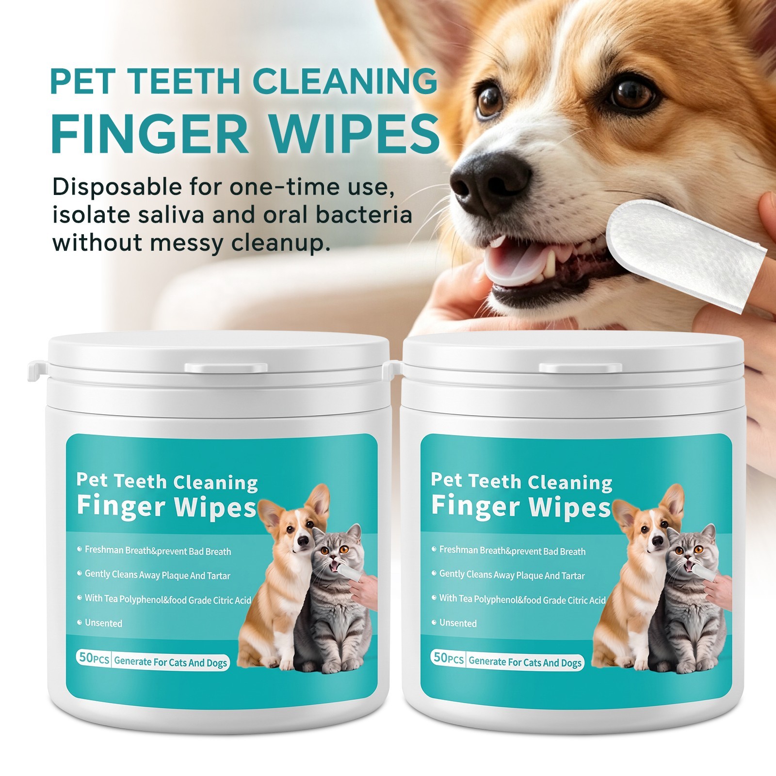 Pet Dog & Cat Teeth Cleaning Wipes Dental Finger Wipes for Cats & Dogs 2 Piece