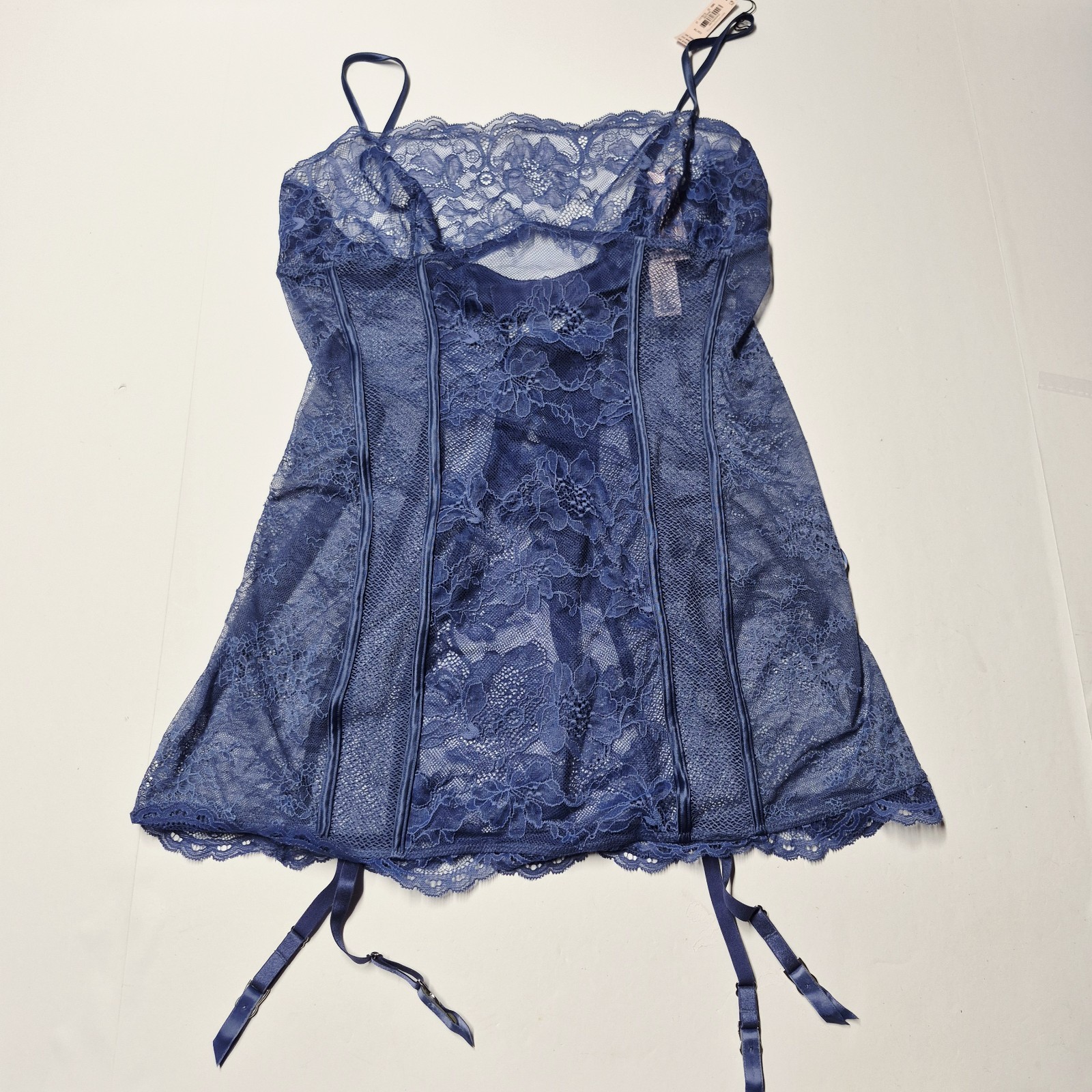 NWT Victoria\'s Secret Navy Blue Lace Corset Garter Slip Size XL Bustier Chemise