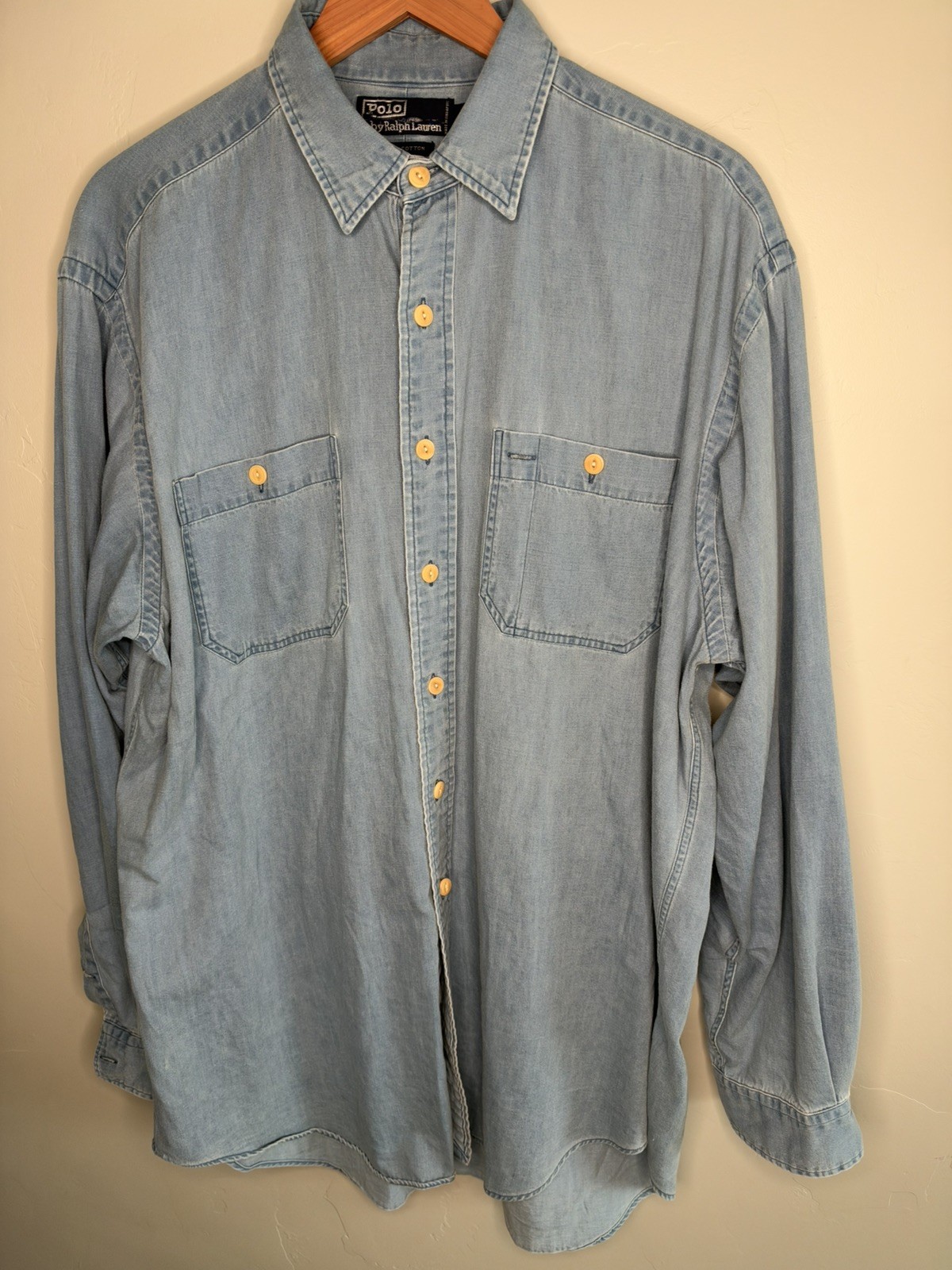 Vintage Ralph Lauren Shirt Mens Large Long Blue Chambray Denim Button Up Pockets