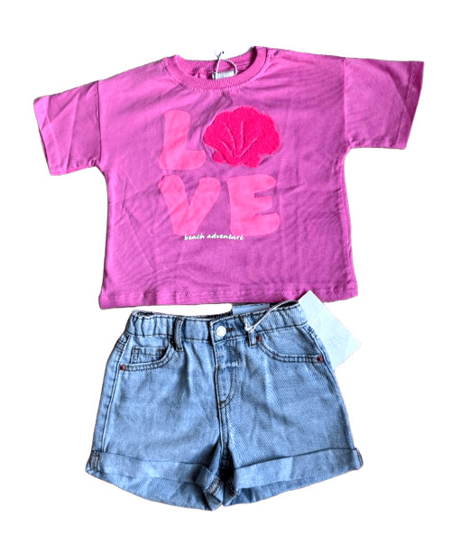 Zara Toddler Girls Love Beach Pink Top & Mom Fit Denim Shorts Size 3 Years