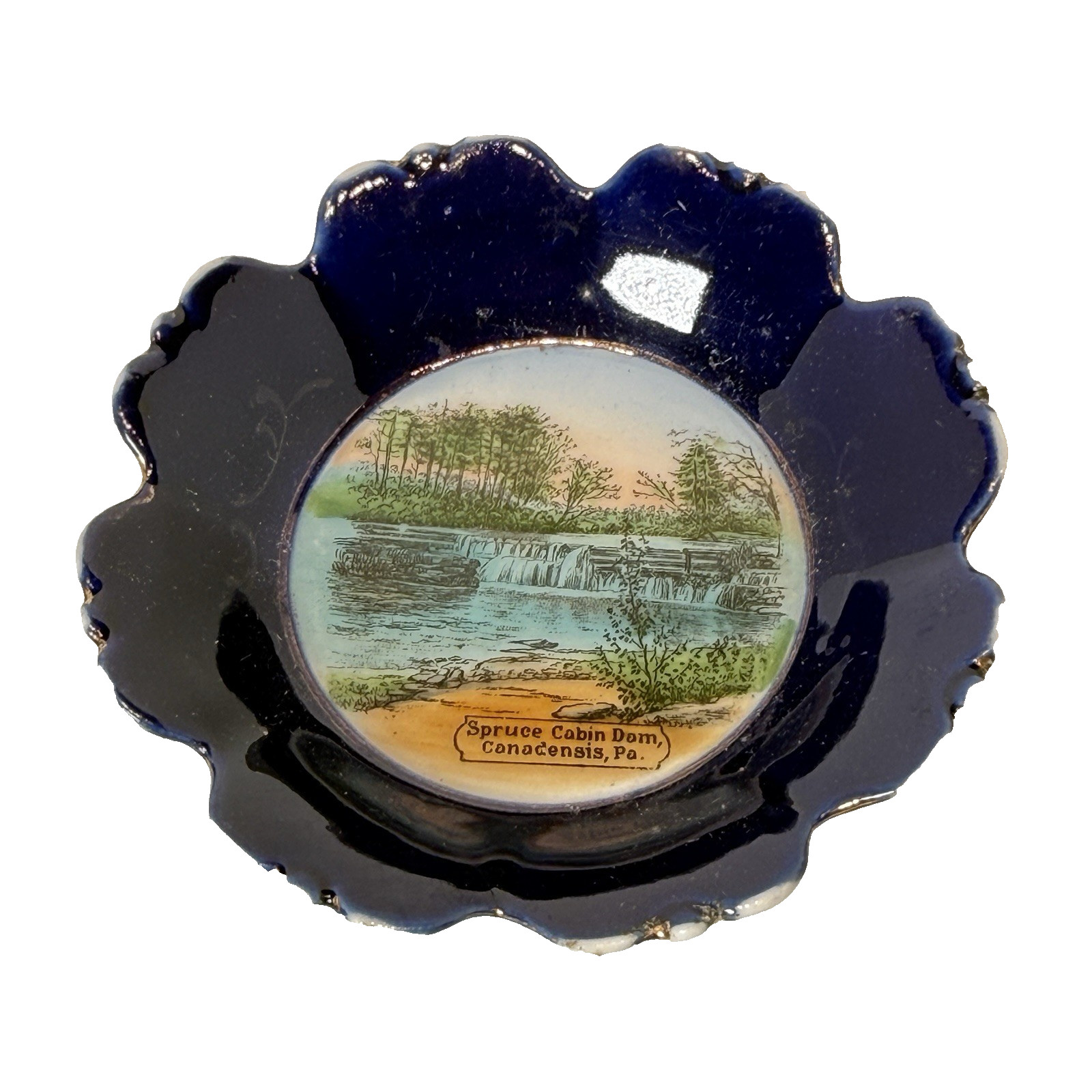 CANADENSIS Pennsylvania PA Antique SPRUCE CABIN DAM Souvenir COBALT TRINKET