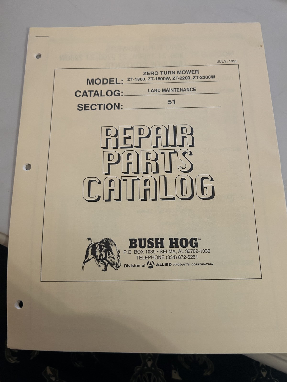 BUSH HOG ZERO TURN MOWER ZT-1800 ZT-2200 REPAIR PARTS CATALOG 1995 MANUAL
