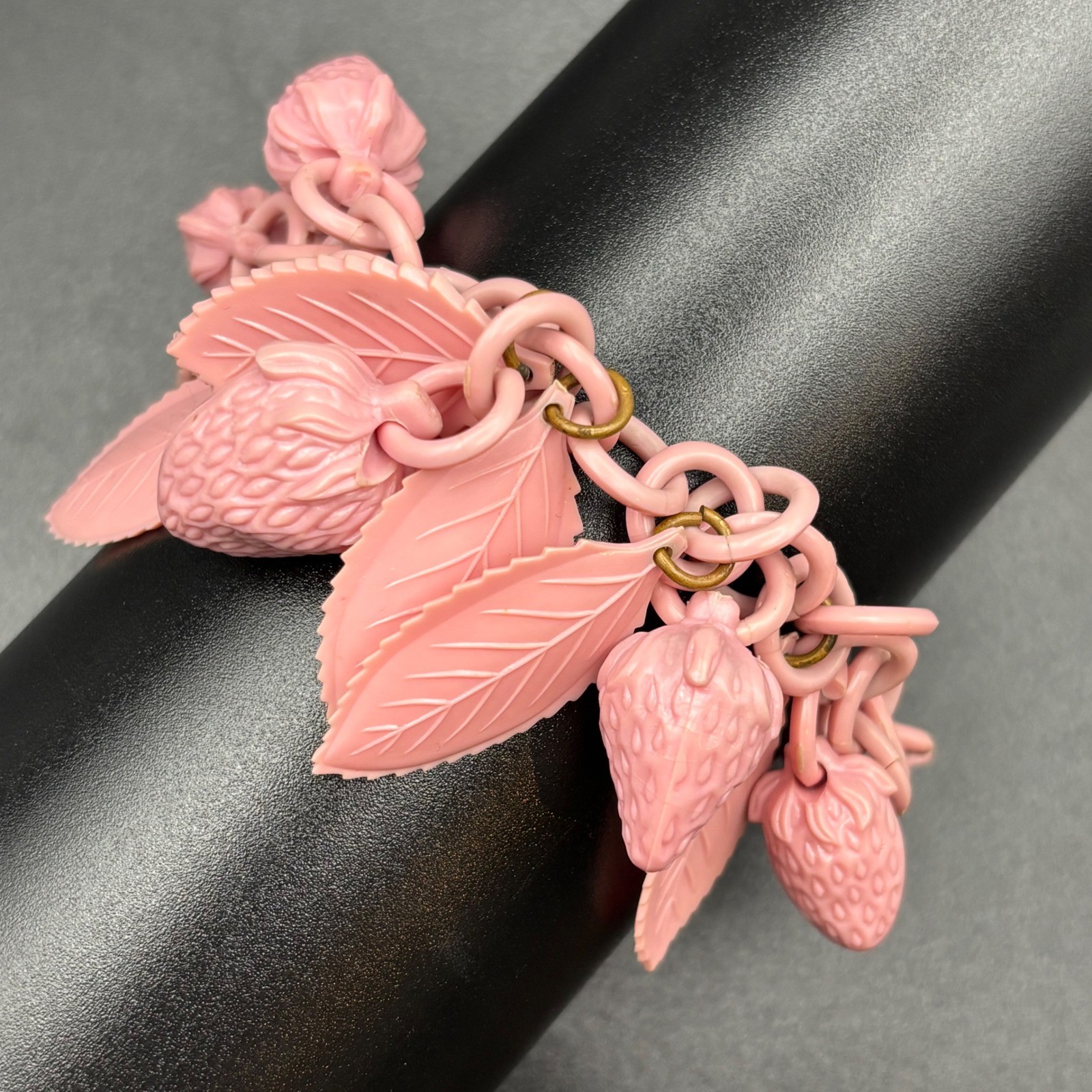 Vintage Celluloid Strawberry Leaf Charm Bracelet Pink 7in