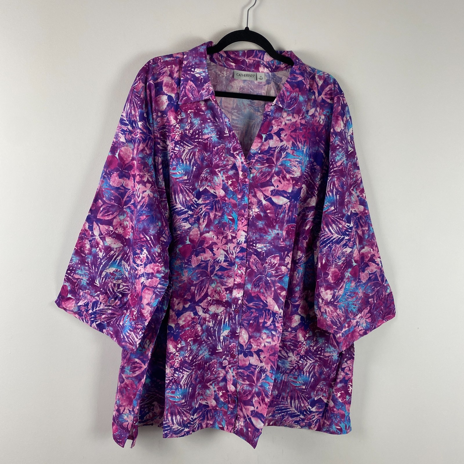 Catherines Button Up Shirt Size 4X Lightweight Cotton 3/4 Sleeves Purple Floral