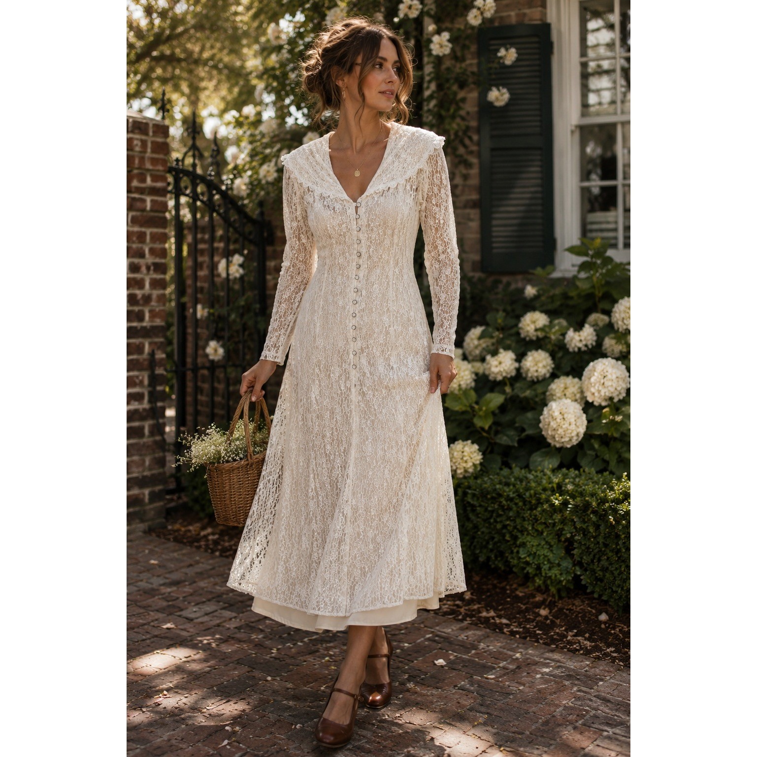 Vintage Betsy\'s Things Ivory Lace Prairie Midi Dress USA Romantic Cottagecore M