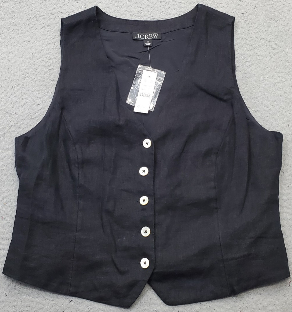 J.Crew Tailored Vest Womens Size 10 Black Linen V-Neck Lightweight Button-Front J.Crew Tailored Vest Womens Size 10 Black Linen V-Neck Lightweight Button-Front