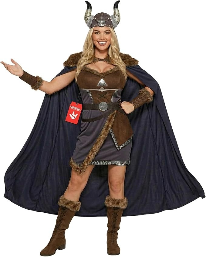 Morph Women`s Viking Costume Nordic Maiden Barbarian Warrior Dress + Helmet Cape Morph Women`s Viking Costume Nordic Maiden Barbarian Warrior Dress + Helmet Cape