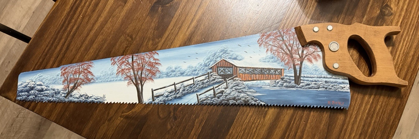 Vintage Disston Hand Saw Painted Covered Bridge Winter Snow Folk Art 31 In Vintage Disston Hand Saw Painted Covered Bridge Winter Snow Folk Art 31 In