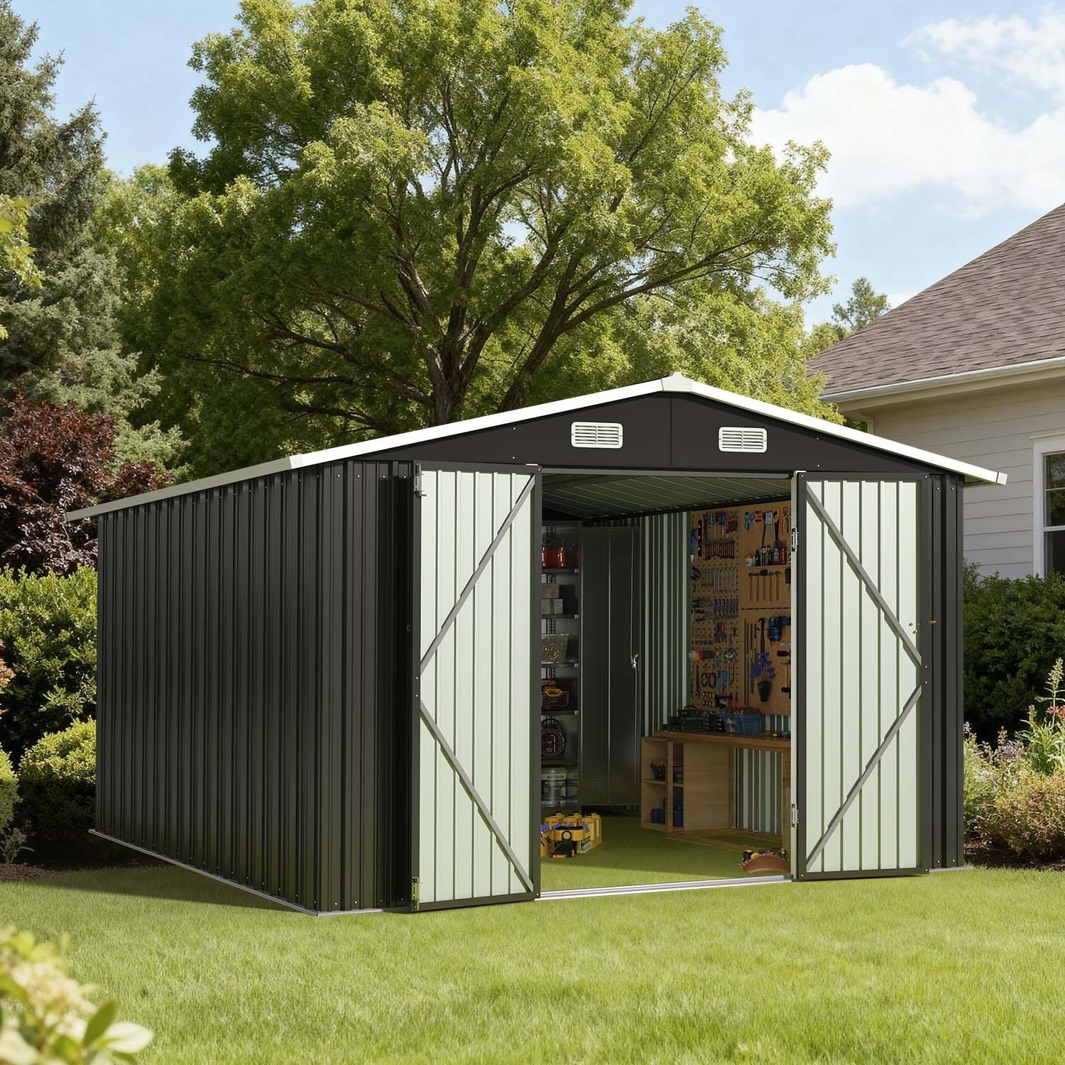 10 x 12 FT Outdoor Storage Shed with Lockable Double Door Metal Tool Shed Black