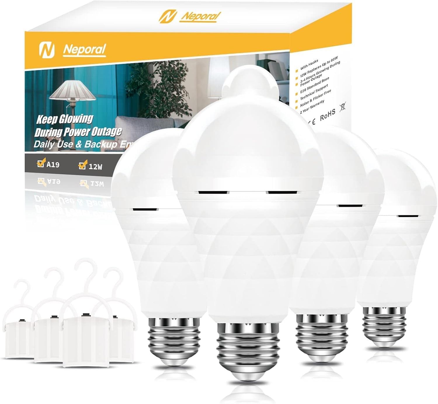 A19 Rechargeable LED Light Bulbs Emergency Backup 60W Daylight 4-Pack