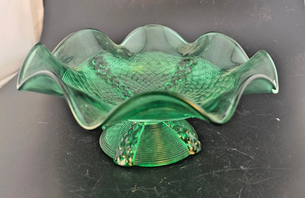 Northwood button panels footed compote, Green 7.5 wide, 3 high iridised