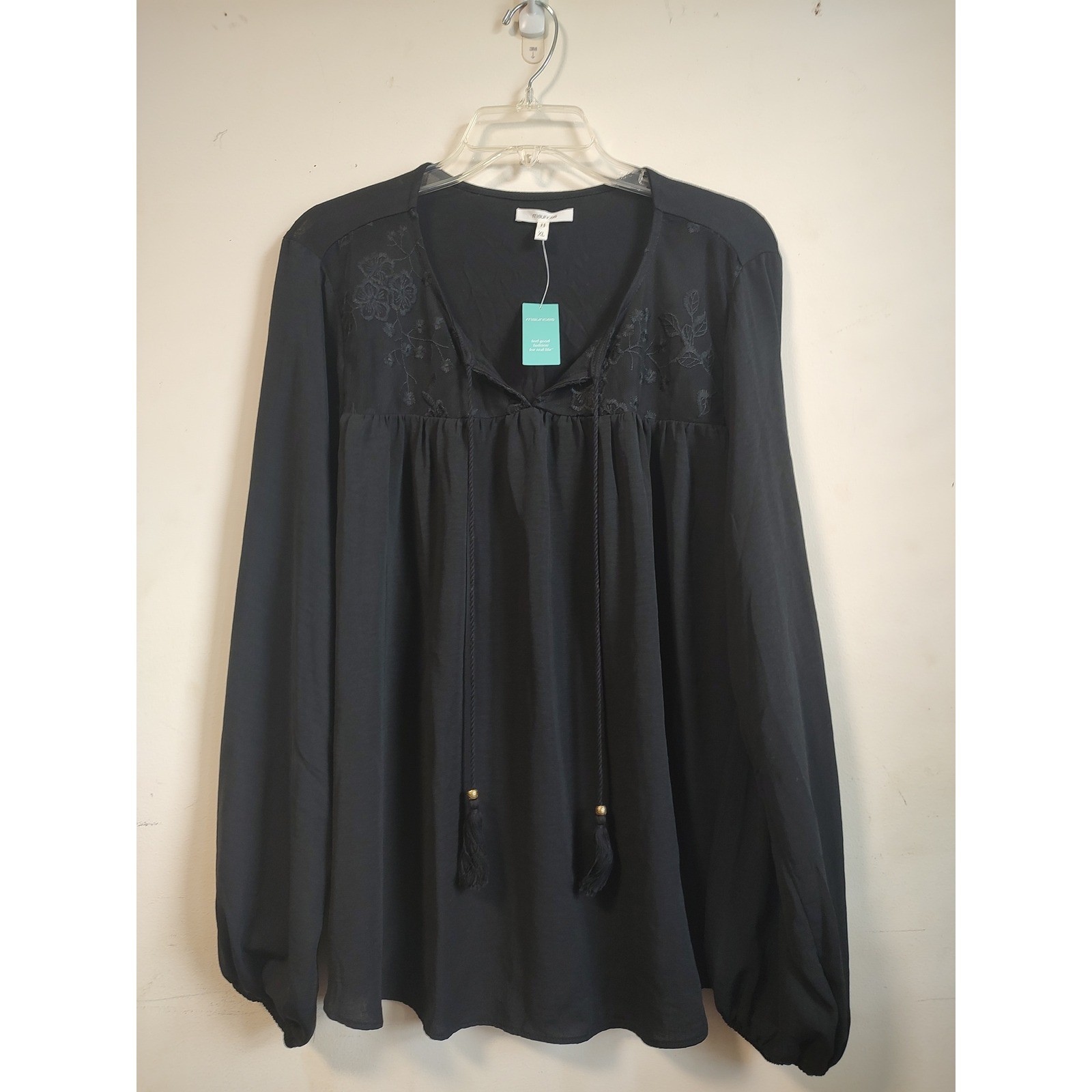 Maurices Black Embroidered Mesh Panel Tassel Peasant Top XL New