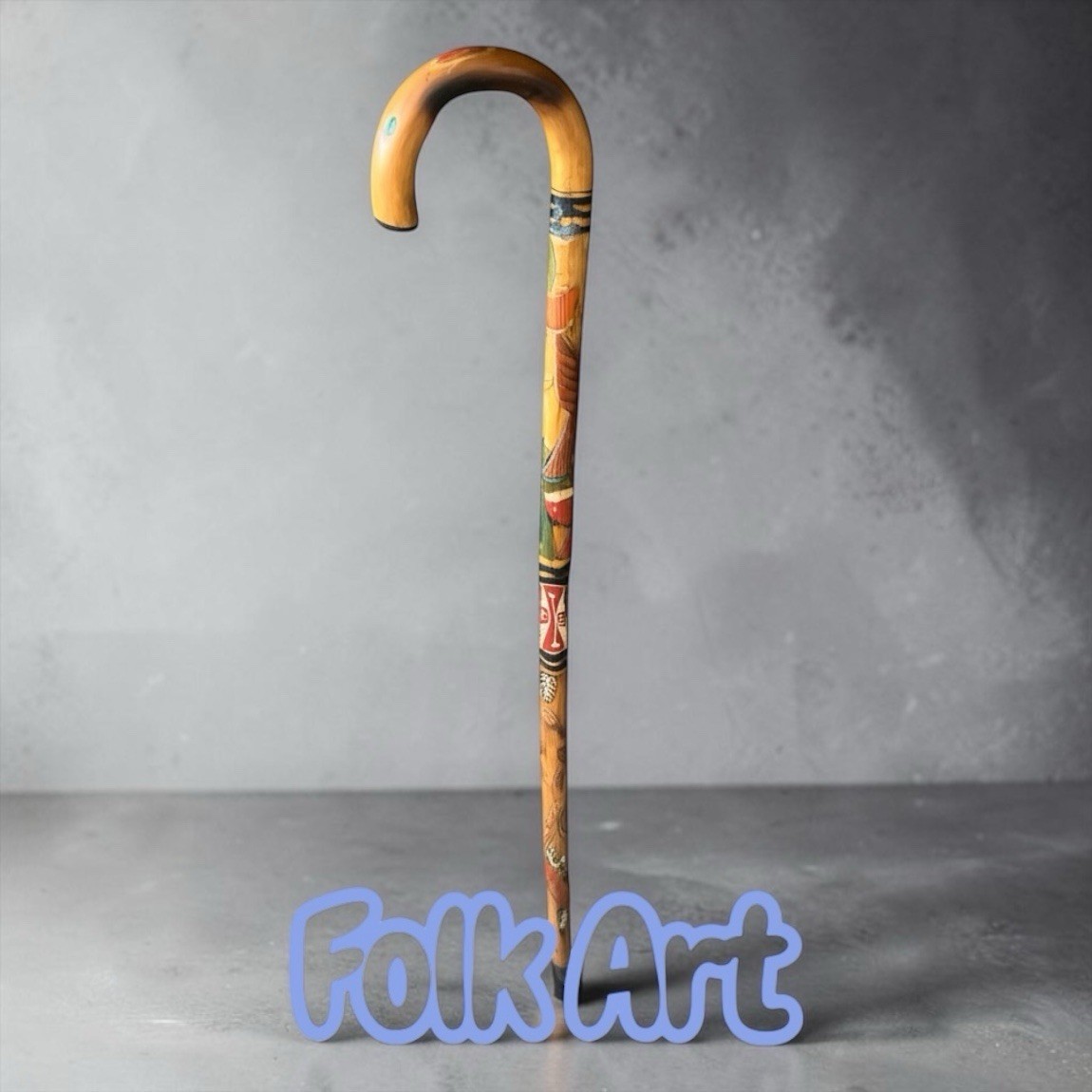 Vintage, hand-carved and hand-painted wooden folk art cane. This specific style Vintage, hand-carved and hand-painted wooden folk art cane. This specific style