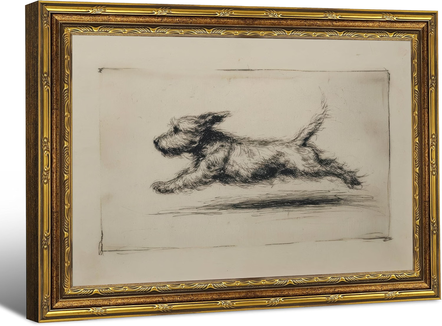 Vintage Gold Framed Wall Art Antique Terrier Sketch Running Dog Wall Decor 9x11