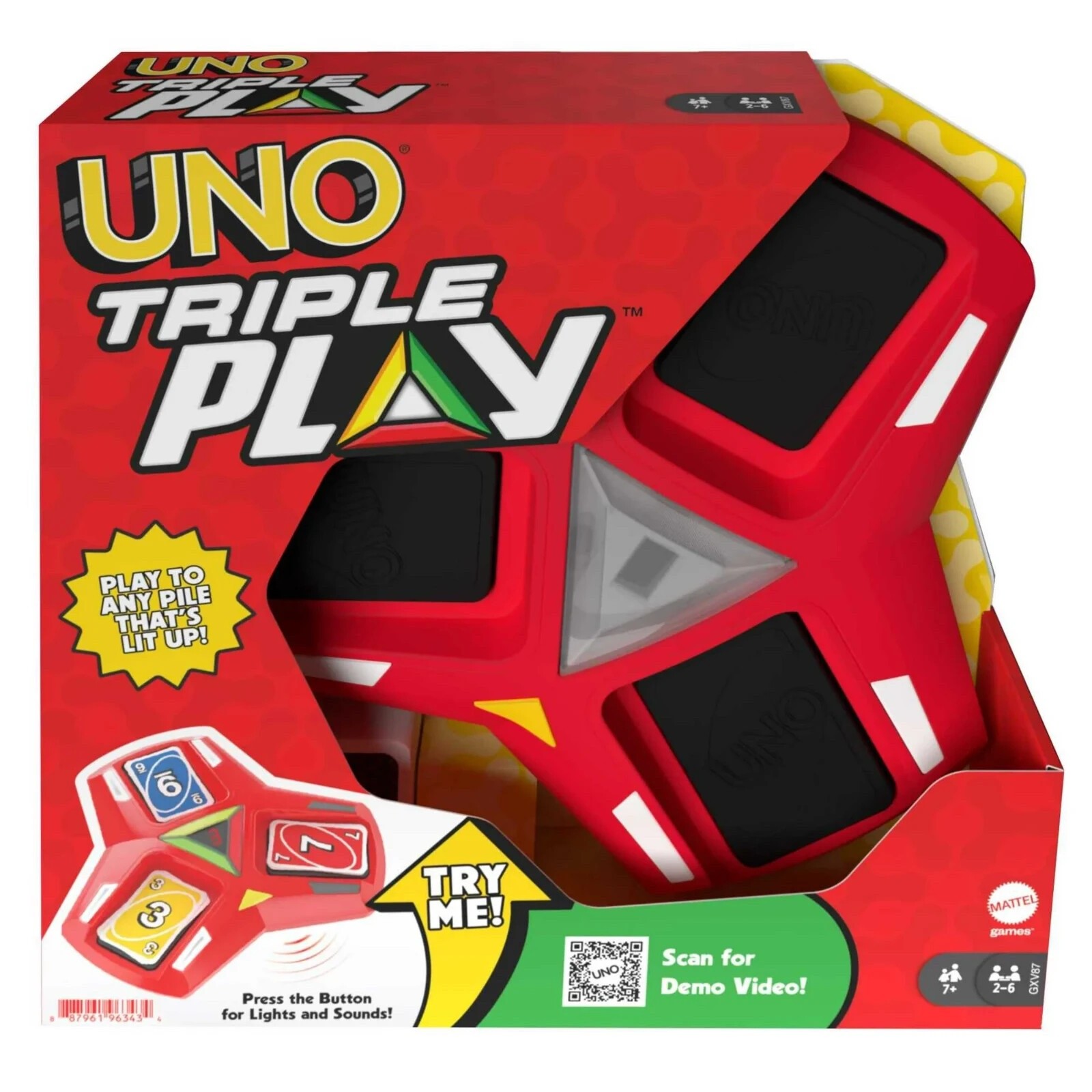 UNO Triple Play Card Game for Family Night Featuring 3 Discard Piles, Lights & S