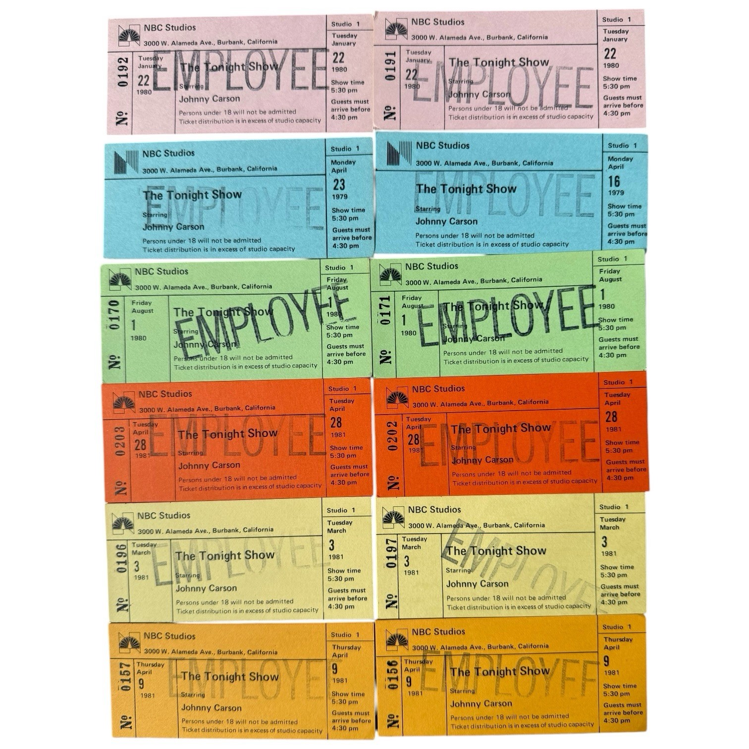 Vintage 1979-1981 The Tonight Show Johnny Carson TV Television Audience Tickets