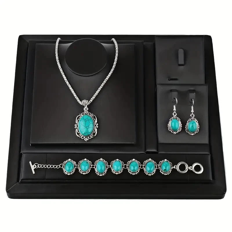 3 pcs Vintage Turquoise Bracelet Necklace Earrings Set Healing Stone Blue Party 3 pcs Vintage Turquoise Bracelet Necklace Earrings Set Healing Stone Blue Party