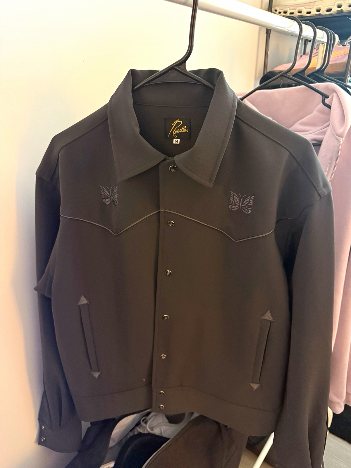 Needles Men\'s Black Embroidered Button-Front Short Jacket Point Collar Size M