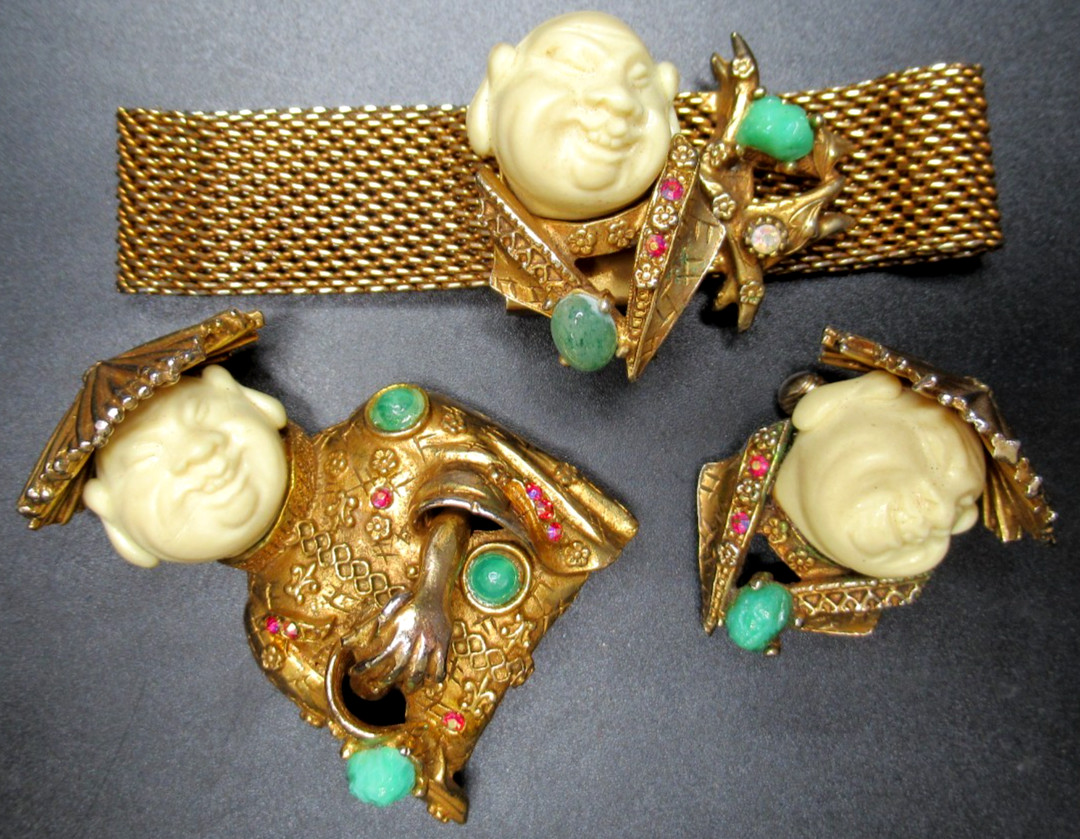 HAR Laughing Buddha Asian Coolie Bracelet Brooch Pendant Set