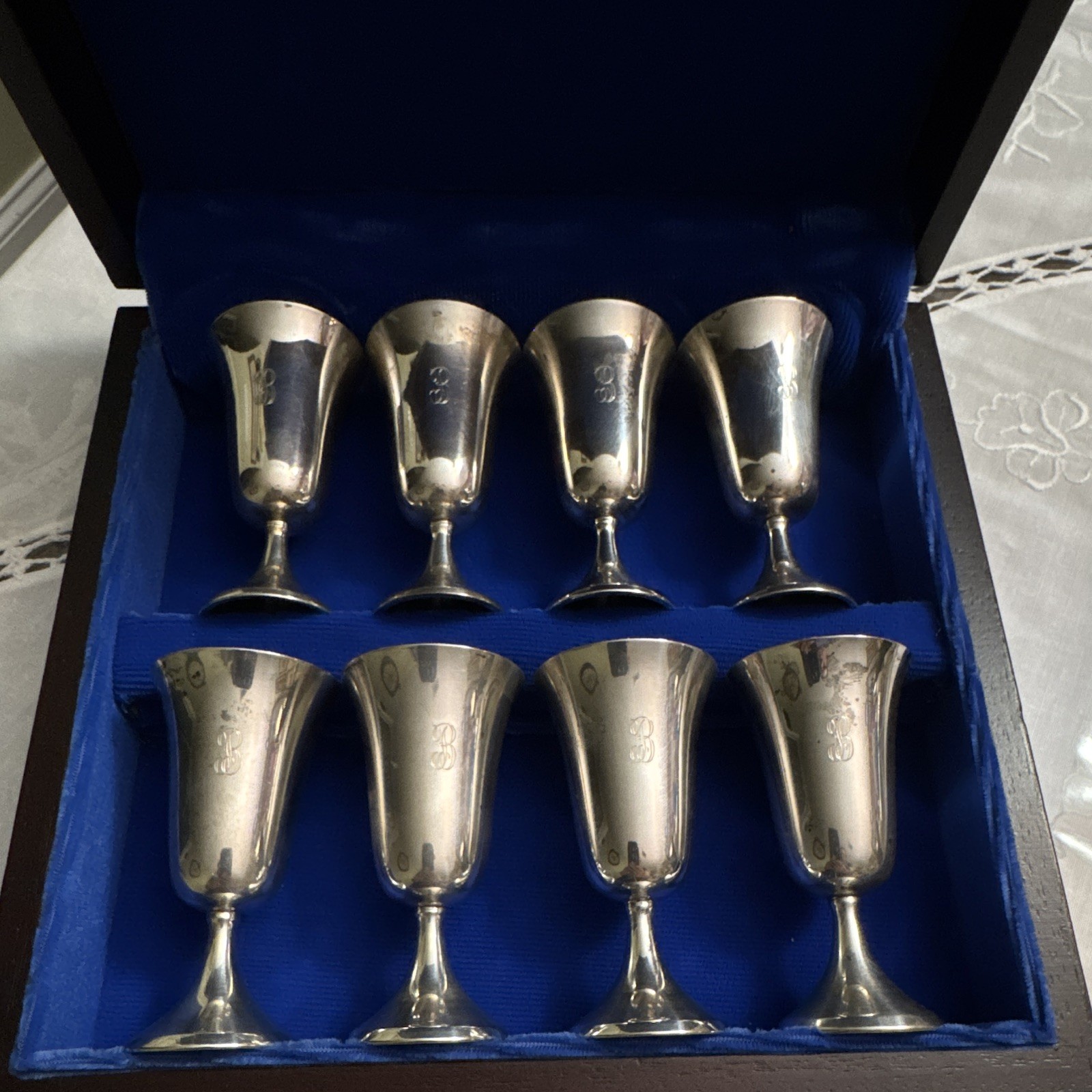 Vintage Wallace .925 sterling Cordial Goblets Set of 8 Monogram B Wood Box