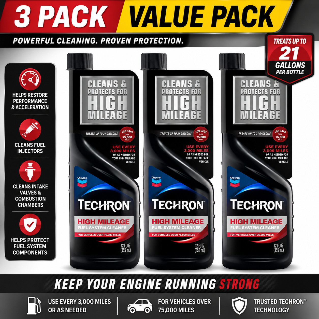 3 Pack Chevron Techron High Mileage Fuel System Cleaner 12 oz Gas Treatment