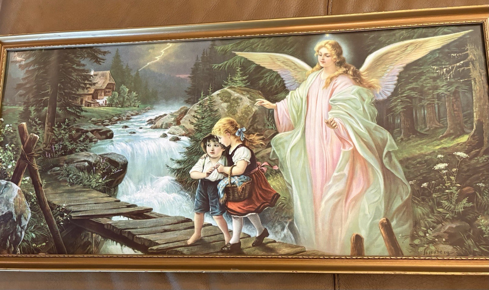 Lindberg Vintage Guardian Angel & Children Crossing Bridge Print  Ornate Frame