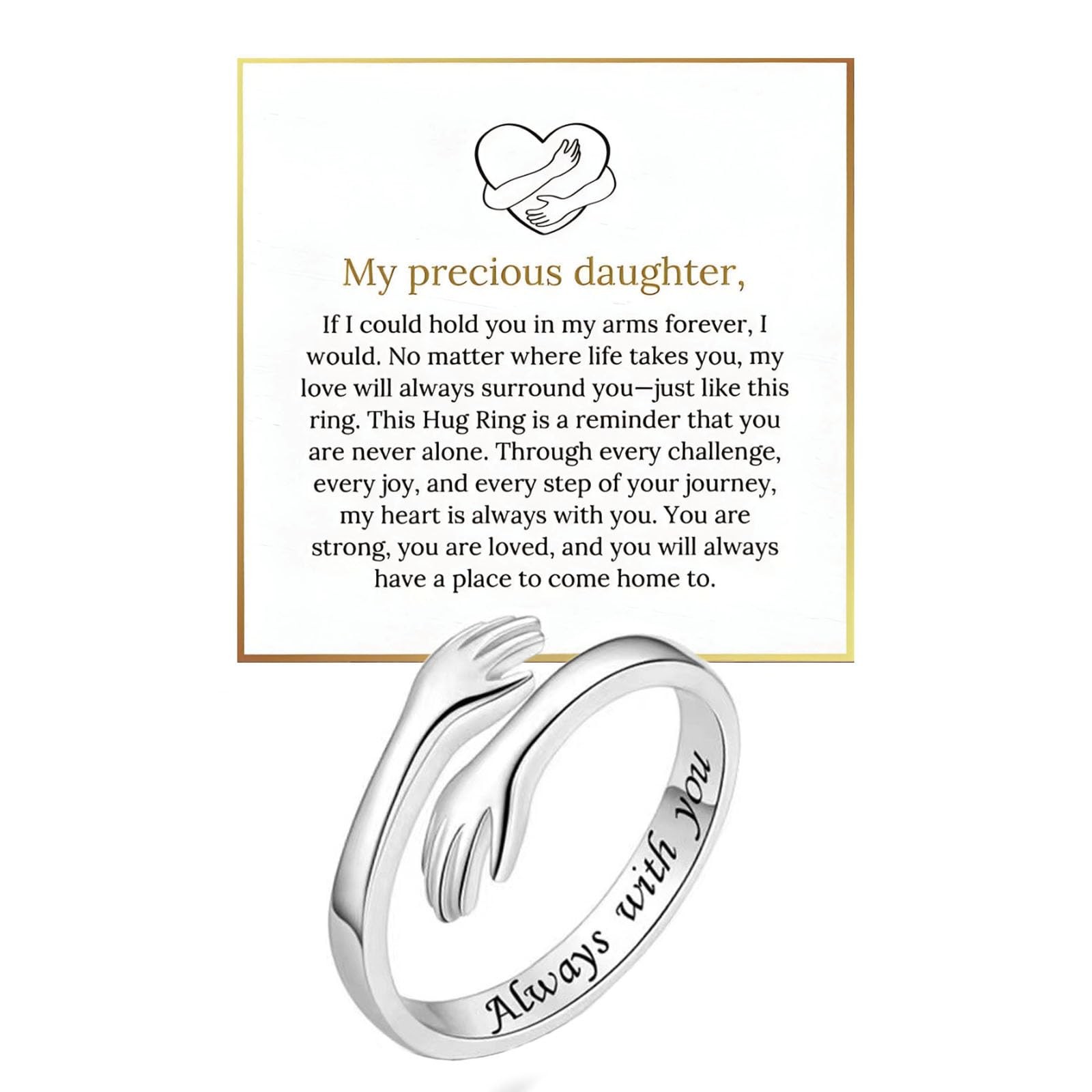 Daughter Hug Ring For Hope Rings, Inspirational Stainless Adjustable, Silver Daughter Hug Ring For Hope Rings, Inspirational Stainless Adjustable, Silver