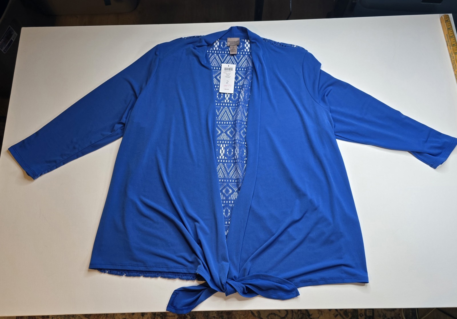 Easywear by Chicos 3 (16/XL) Open Tie Front Blouse Blue Lace Back Casual Career
