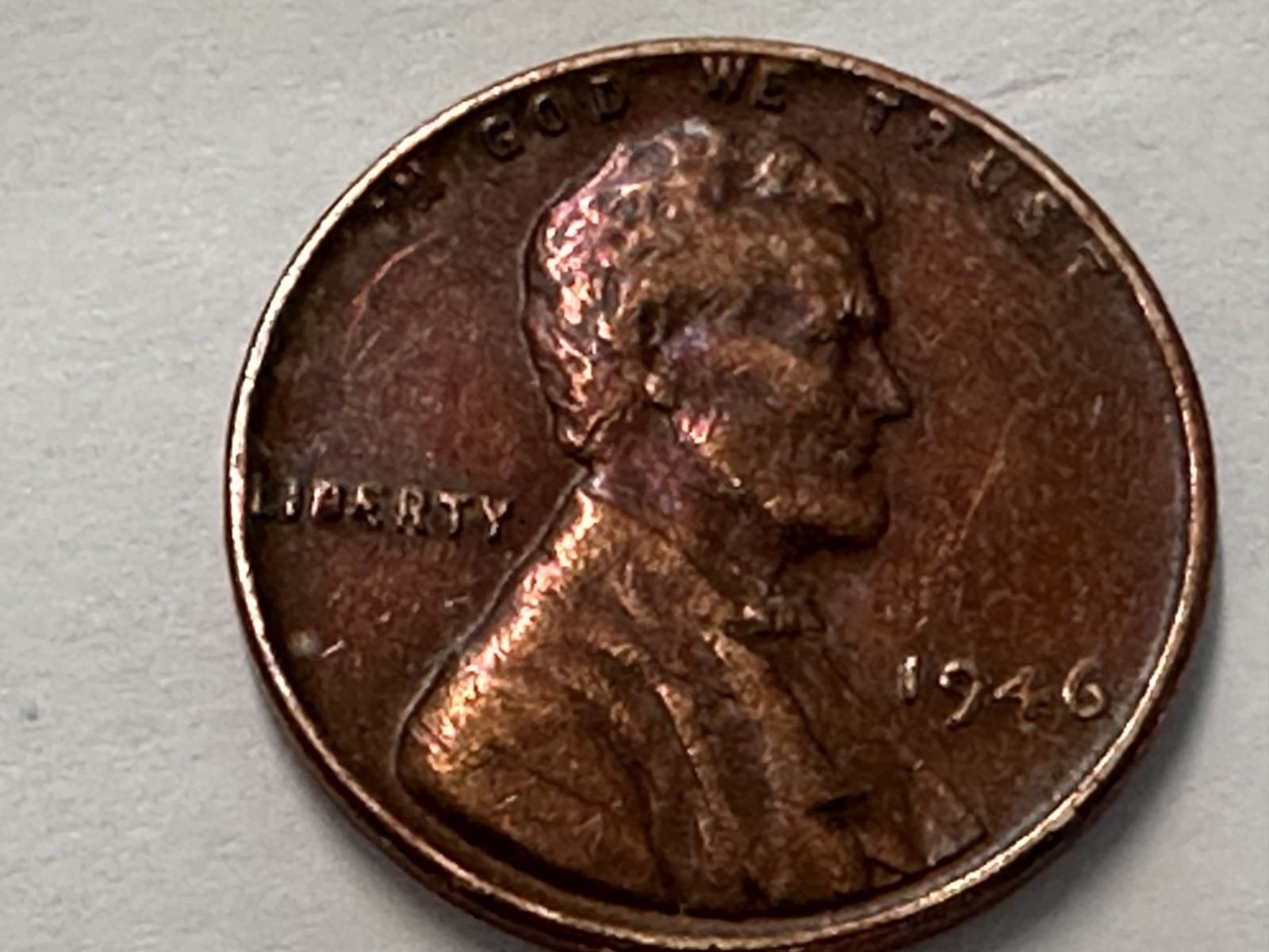 RARE 1946 WHEAT CENT L 'ON' Rim- Made from WWII Shell Casings w Red/Yellow Hue