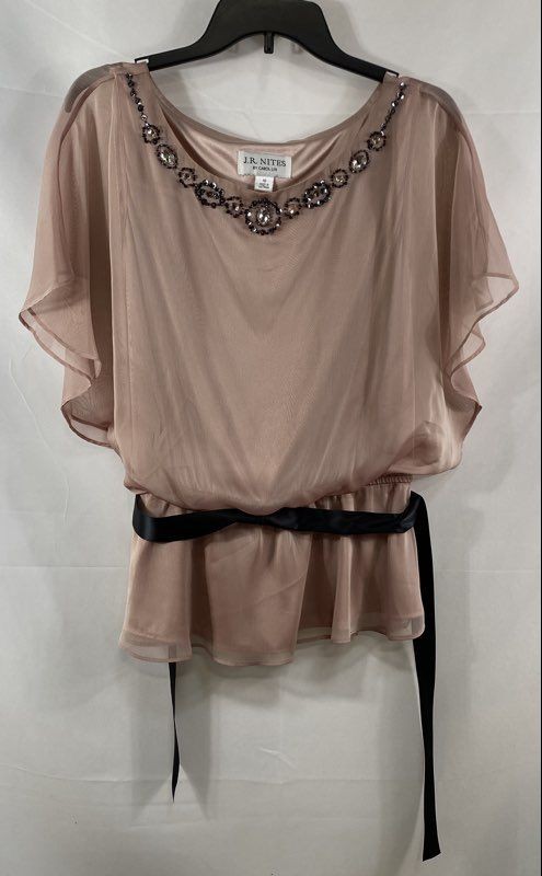 J.R. Nites By Carol Lin Women\'s Pink Beaded Neckline Belted Blouse Sz 10