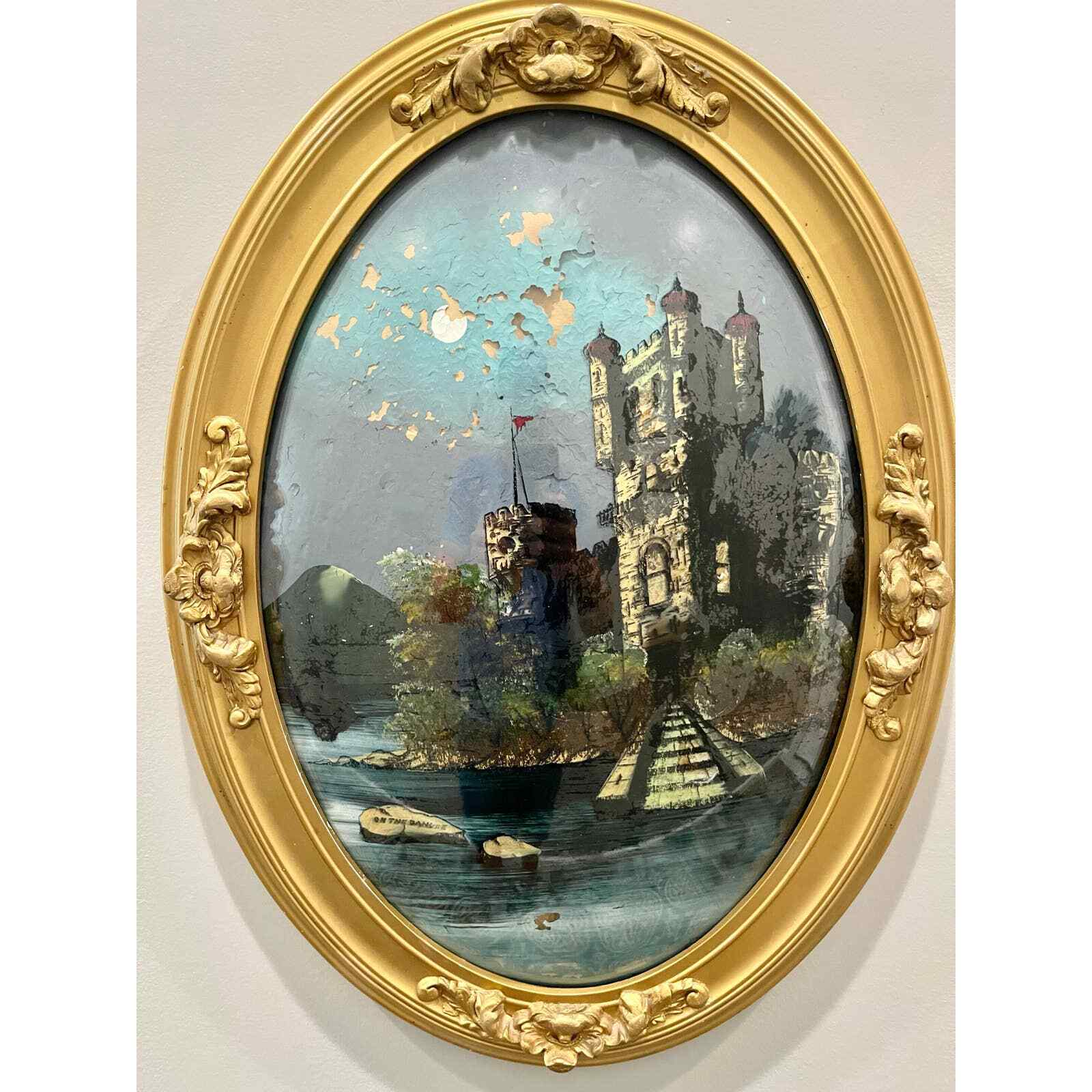 Antique reverse glass On The Danube castle painting convex glass gold frame 