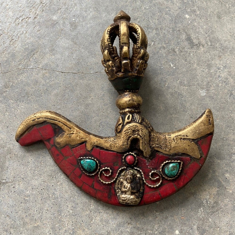 Old Tibetan Buddhist Brass Phurba with Inlaid Turquoise & Coral ritual implement