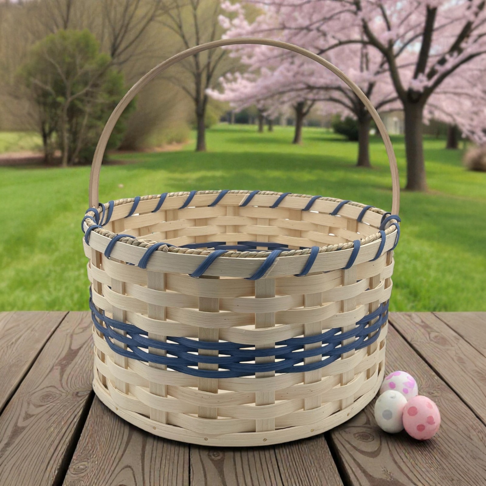 Amish Made Large Round Easter Basket With Solid Oak Bottom and Handle