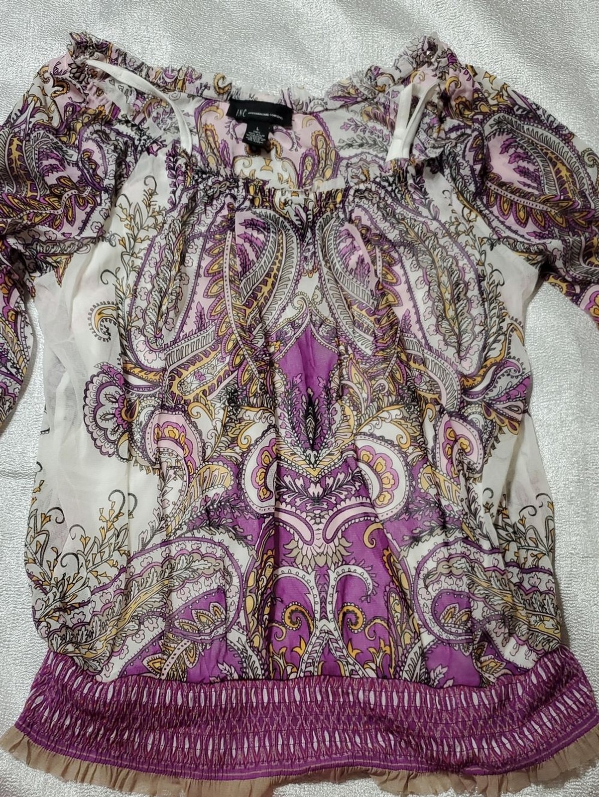 INC International Concepts White, Purple and Gold Paisley Peasant Blouse Large INC International Concepts White, Purple and Gold Paisley Peasant Blouse Large